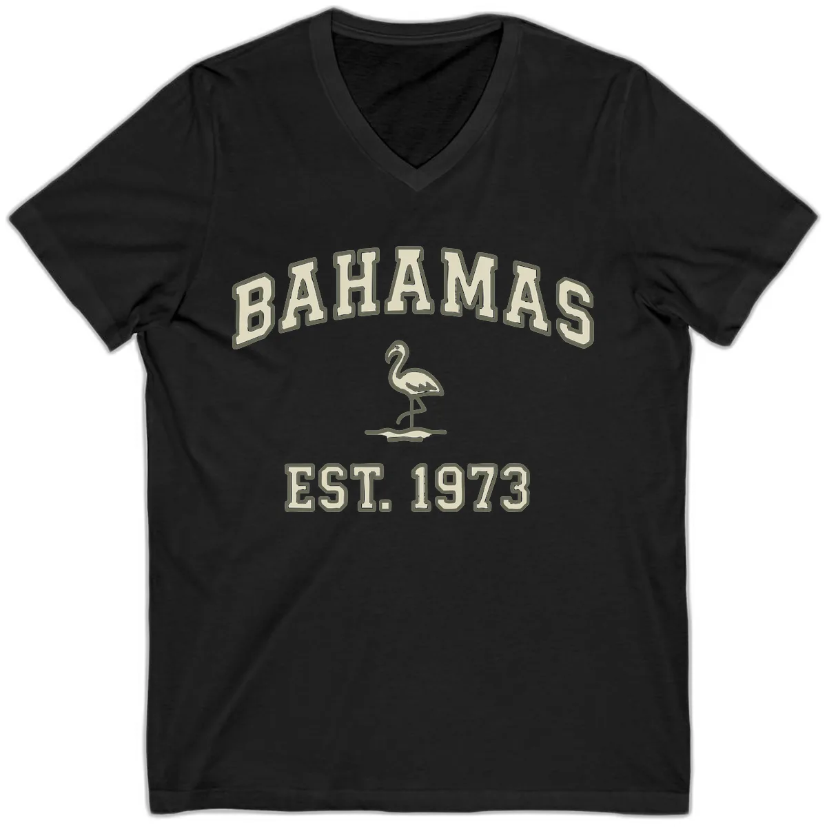 Bahamas Flamingo Established 1973 V-Neck in Black