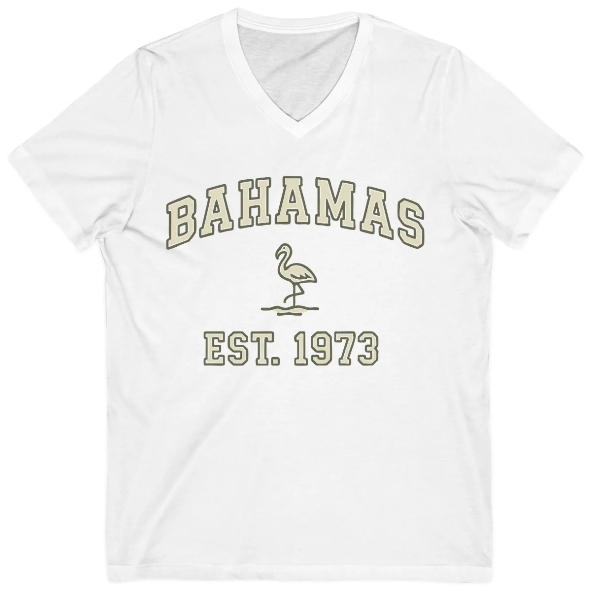 Bahamas Flamingo Established 1973 V-Neck in White