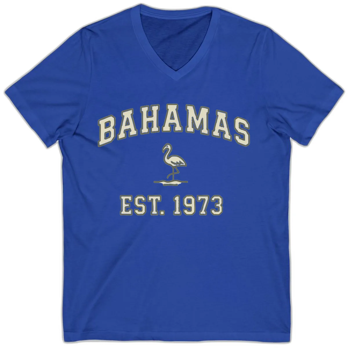 Bahamas Flamingo Established 1973 V-Neck in True Royal