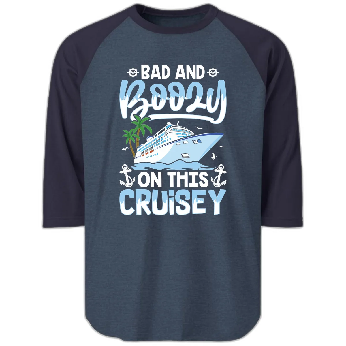 Bad And Knotty On This Cruise Raglan 3/4 in Heather Denim Navy