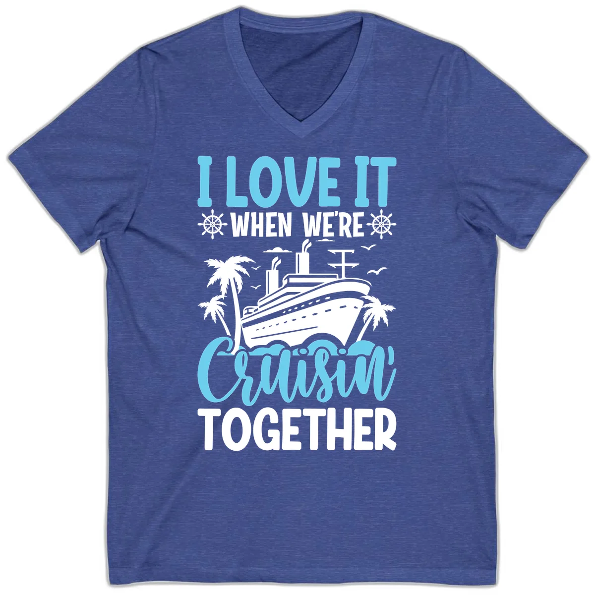 Cruising Together Nautical Design V-Neck in Heather True Royal