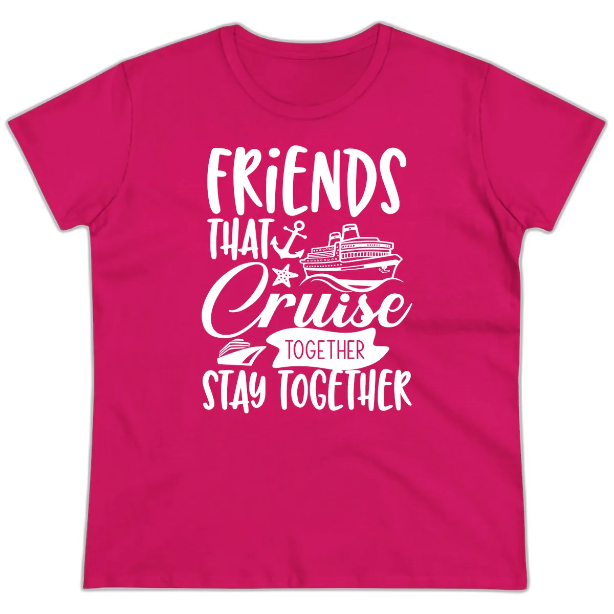 Friends That Cruise Together Ladies Tee in Heliconia