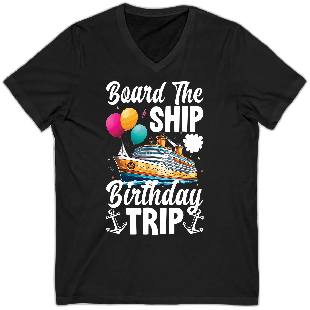 Board The Ship Birthday Trip V-Neck in Black