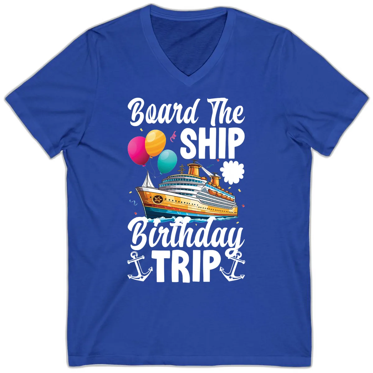 Board The Ship Birthday Trip V-Neck in True Royal