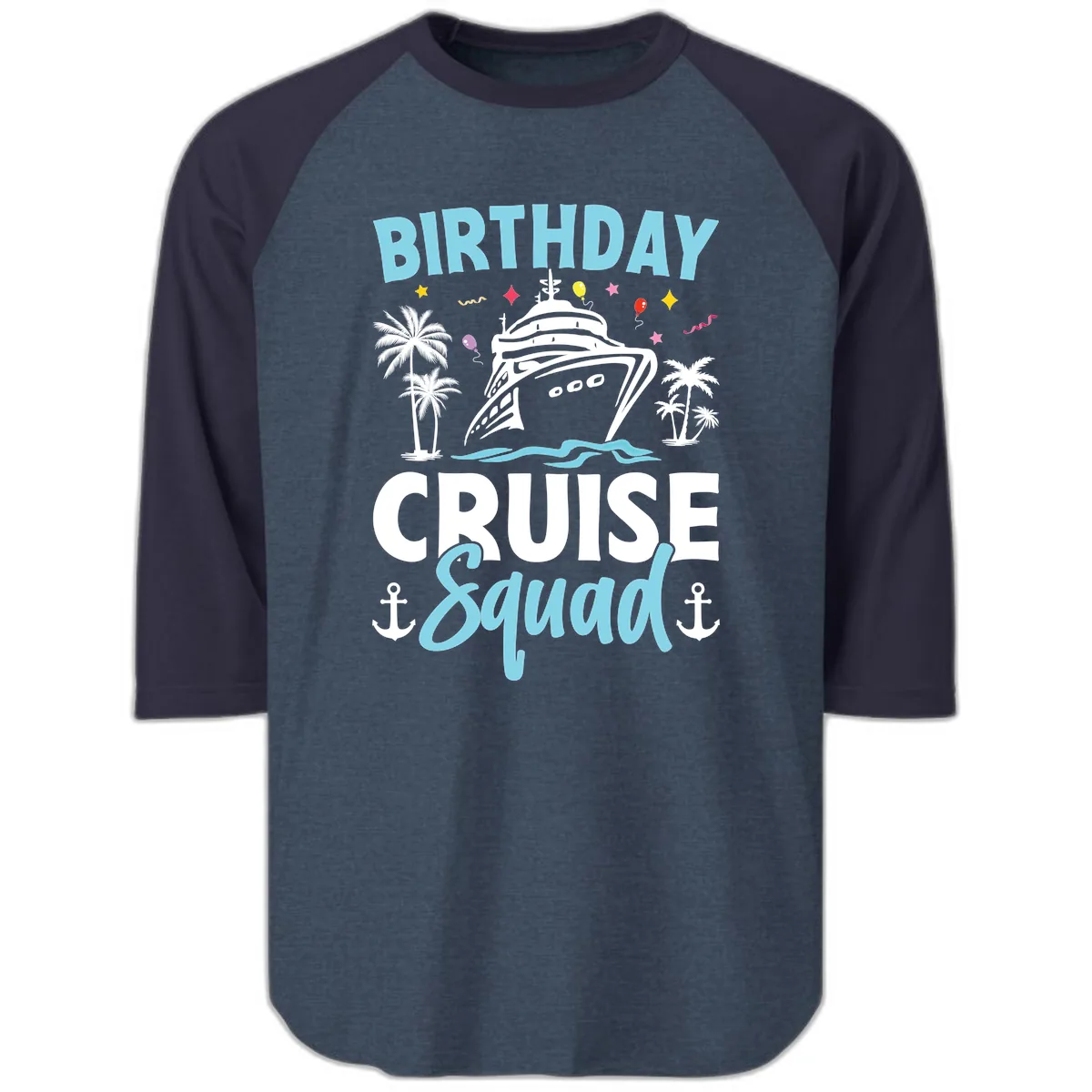 Birthday Cruise Squad Raglan 3/4 in Heather Denim Navy