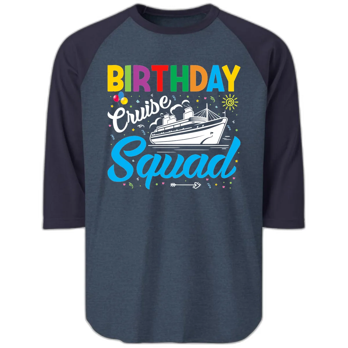 Birthday Cruise Squad Raglan 3/4 in Heather Denim Navy