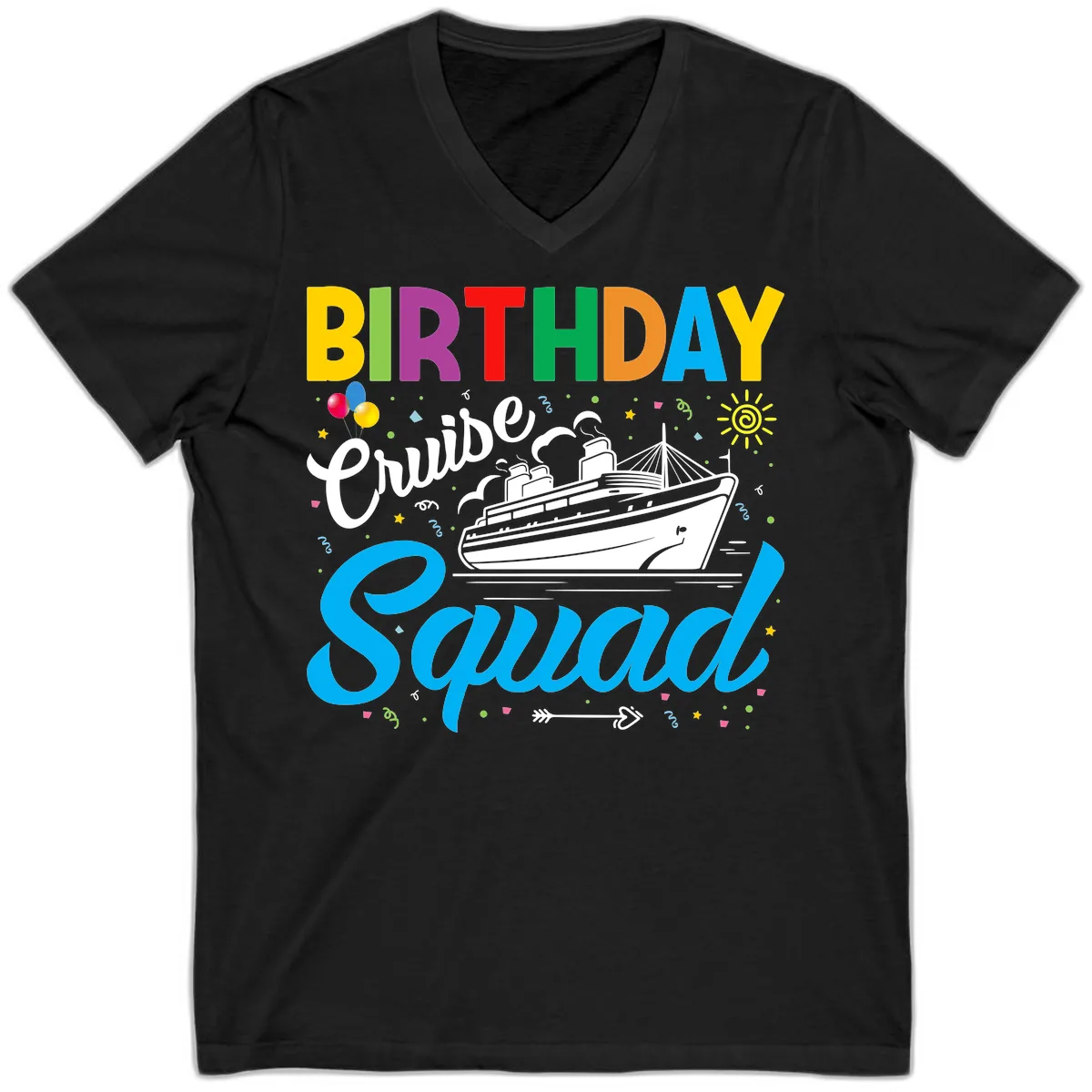 Birthday Cruise Squad V-Neck in Black