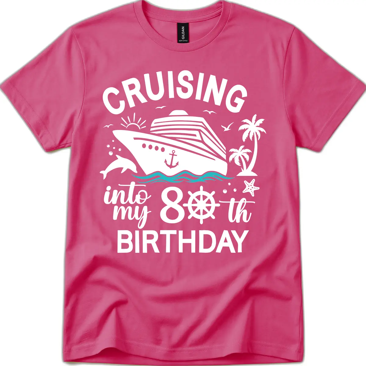 Cruising Into My 80th Birthday T-Shirt in Heliconia
