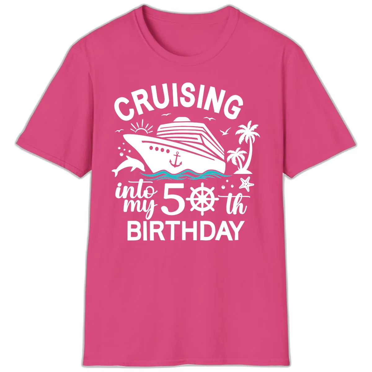 Cruising Into My 50th Birthday T-Shirt in Heliconia