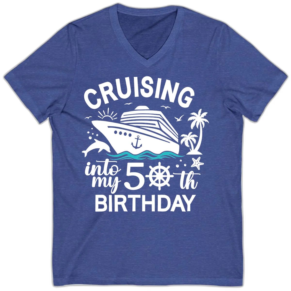 Cruising Into My 50th Birthday V-Neck in Heather True Royal