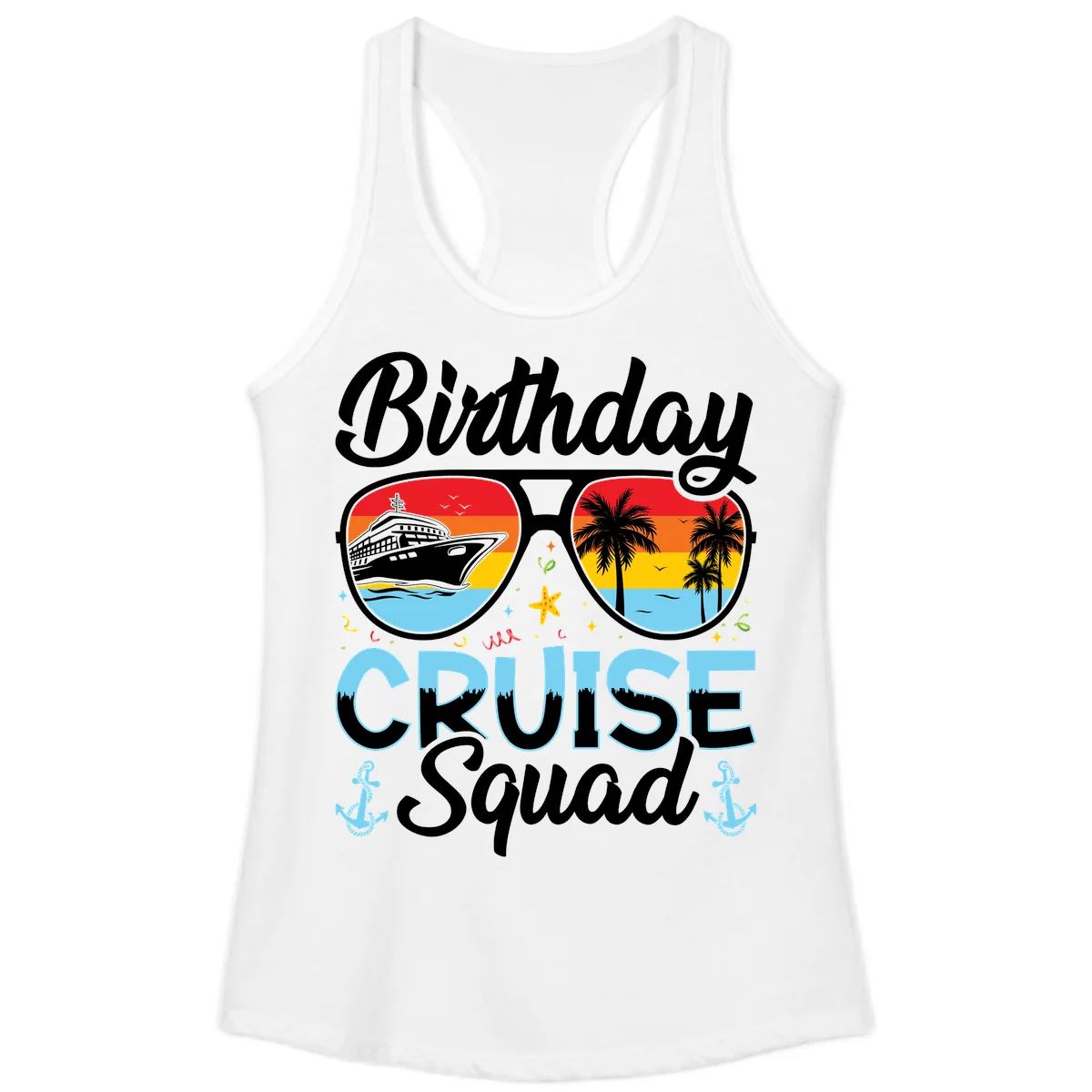 Birthday Cruise Squad Sunglasses Ladies Tank in White