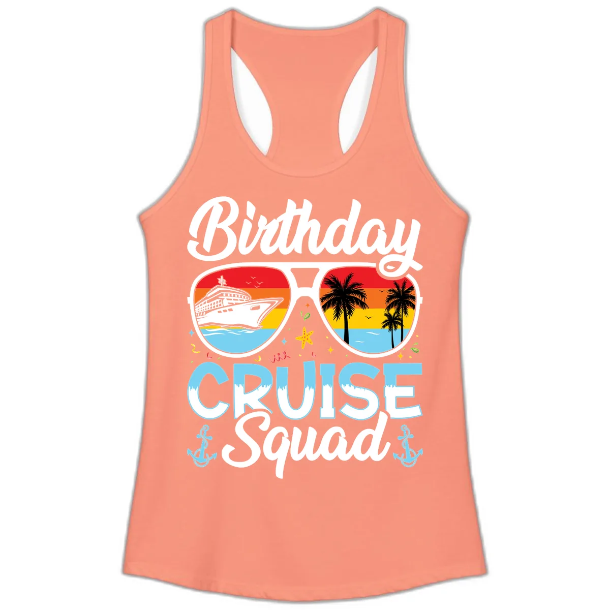 Birthday Cruise Squad Sunglasses Ladies Tank in Solid Light Orange