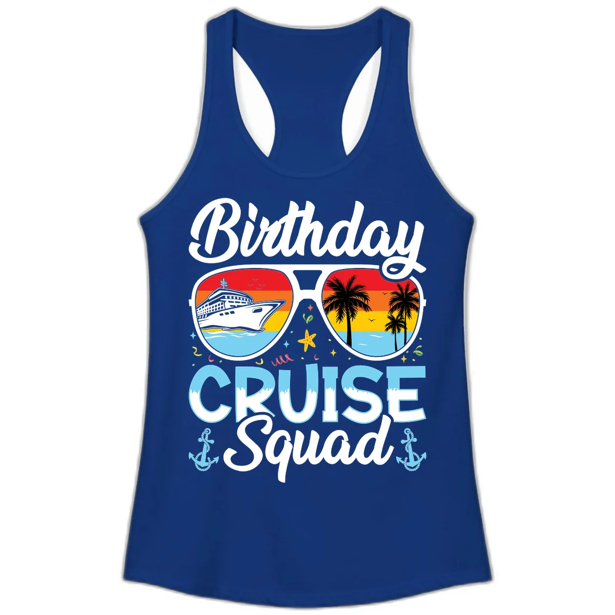 Birthday Cruise Squad Sunglasses Ladies Tank in Solid Royal