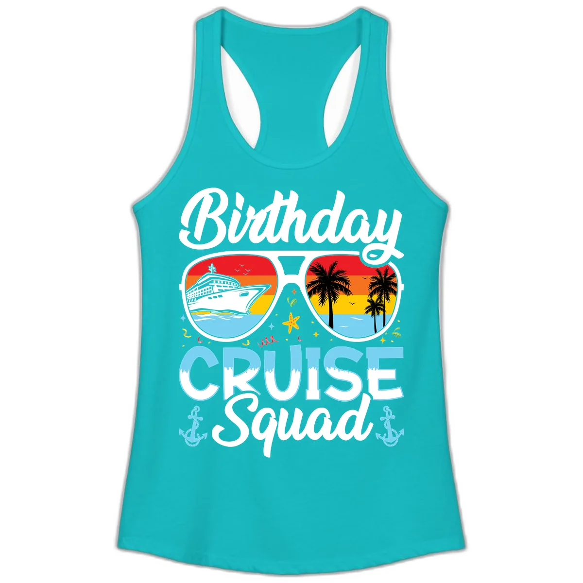 Birthday Cruise Squad Sunglasses Ladies Tank in Tahiti Blue