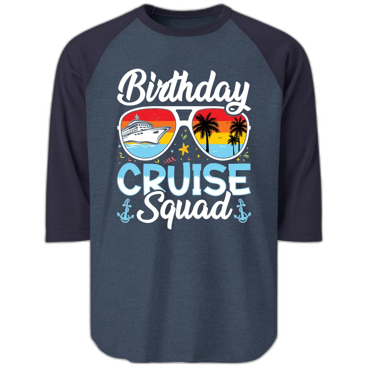 Birthday Cruise Squad Sunglasses Raglan 3/4 in Heather Denim Navy