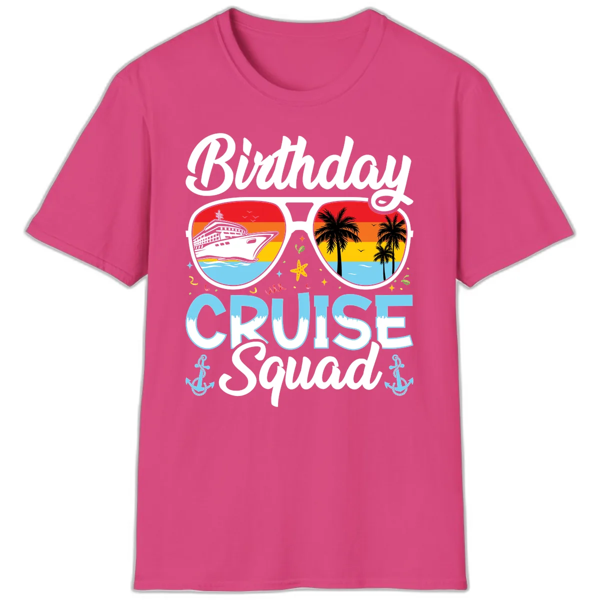 Birthday Cruise Squad Sunglasses T-Shirt in Heliconia