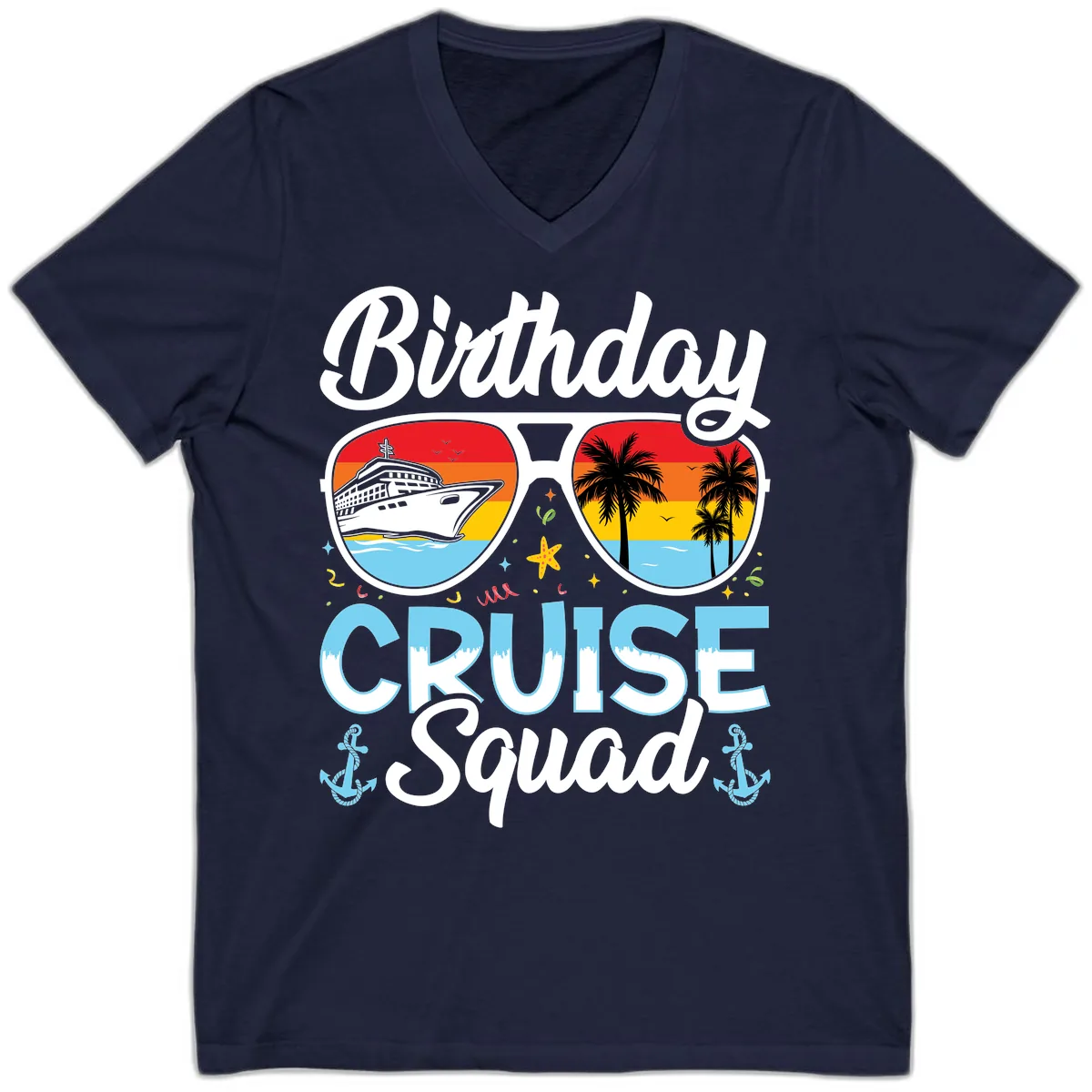 Birthday Cruise Squad Sunglasses V-Neck in Navy
