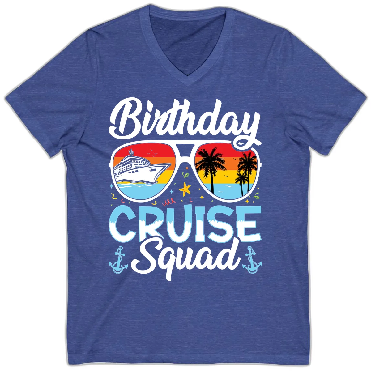 Birthday Cruise Squad Sunglasses V-Neck in Heather True Royal
