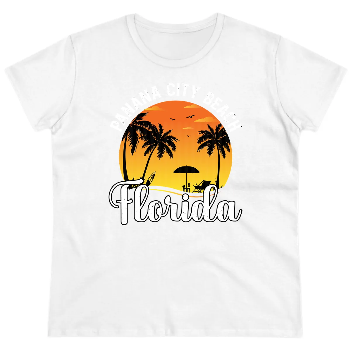 Panama City Beach Tiki Sunset Ladies Tee in White