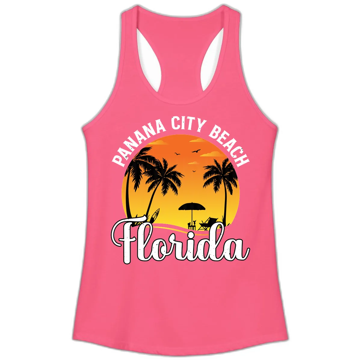 Panama City Beach Tiki Sunset Ladies Tank in Solid Hot Pink