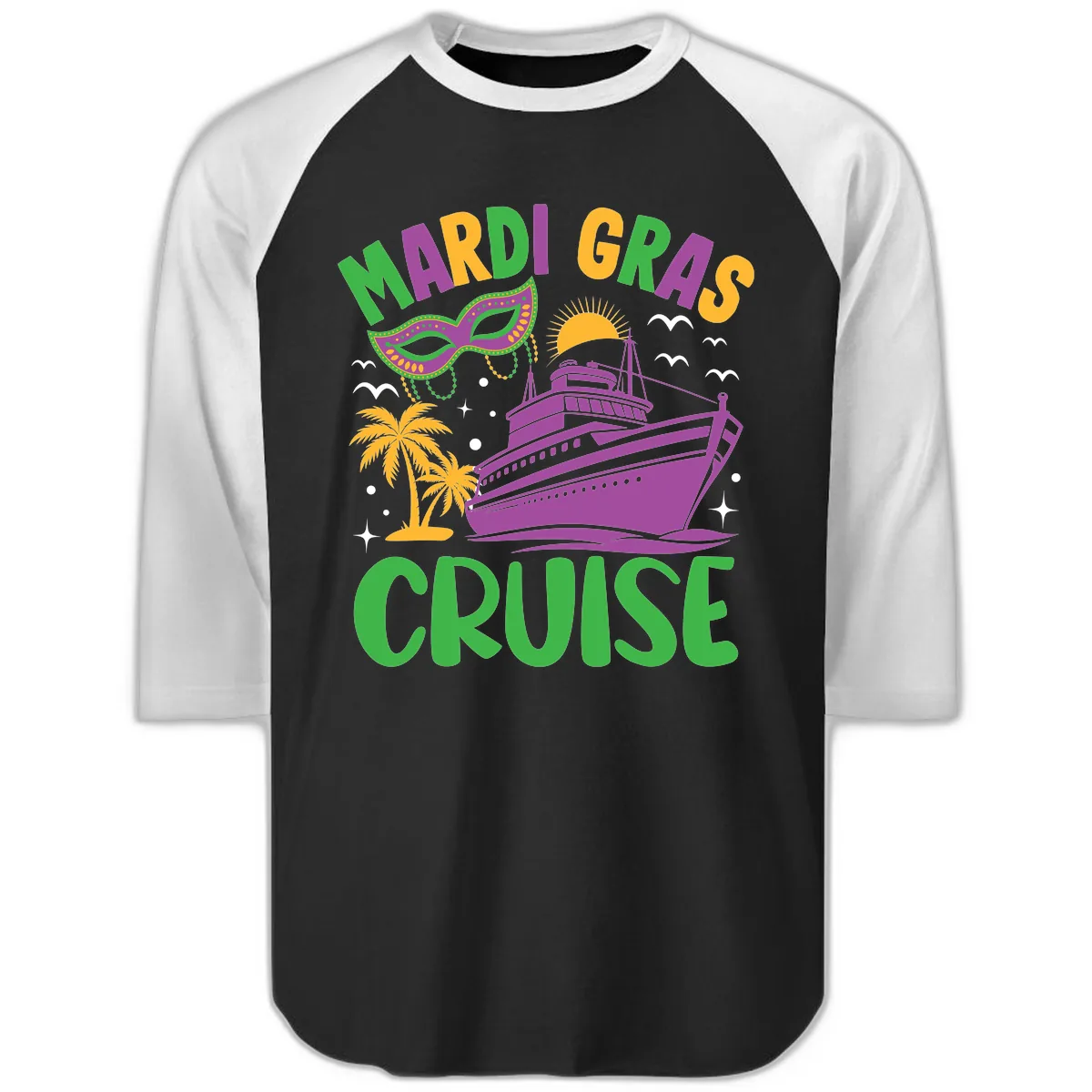Mardi Gras Cruise Raglan 3/4 in Black White