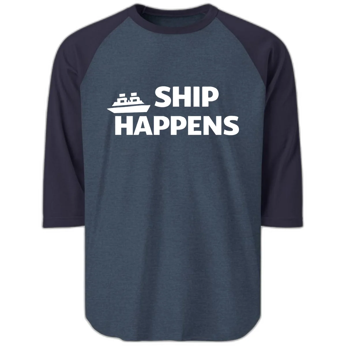 Ship Happens Cruise Nautical Design Raglan 3/4 in Heather Denim Navy