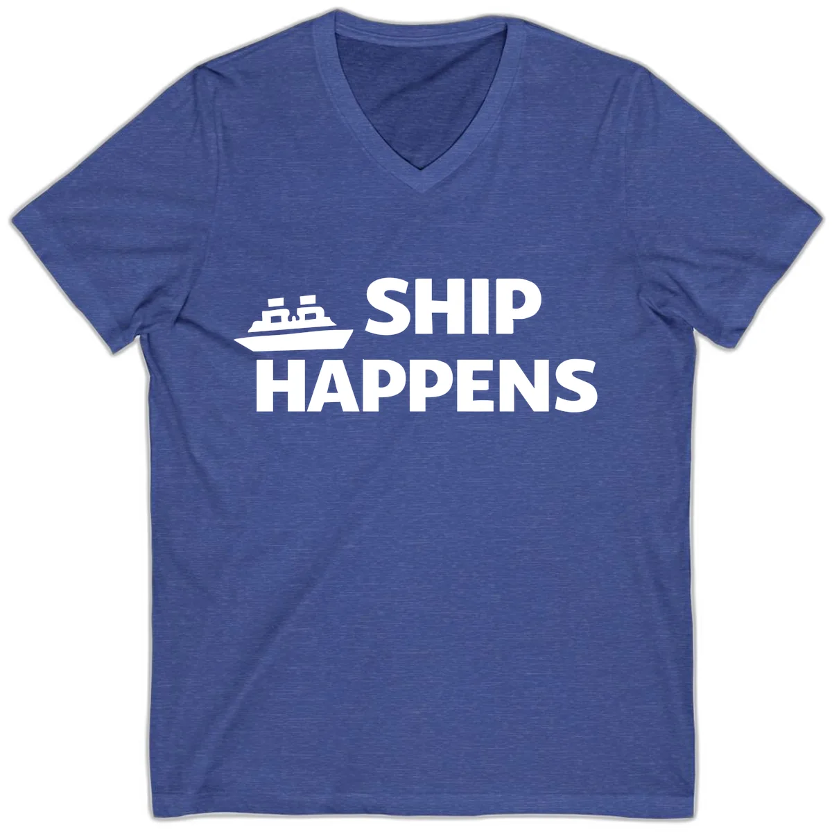 Ship Happens Cruise Nautical Design V-Neck in Heather True Royal