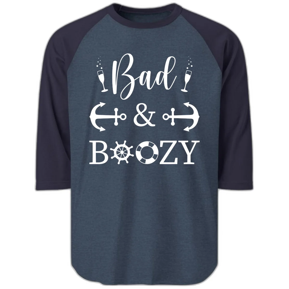 Bad & Bozy Nautical Cruise Design Raglan 3/4 in Heather Denim Navy