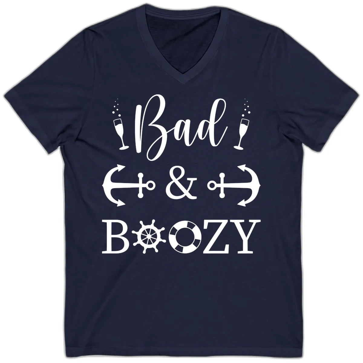 Bad & Bozy Nautical Cruise Design V-Neck in Navy