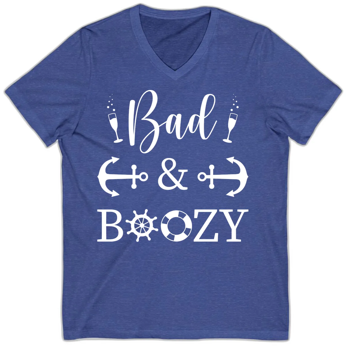 Bad & Bozy Nautical Cruise Design V-Neck in Heather True Royal