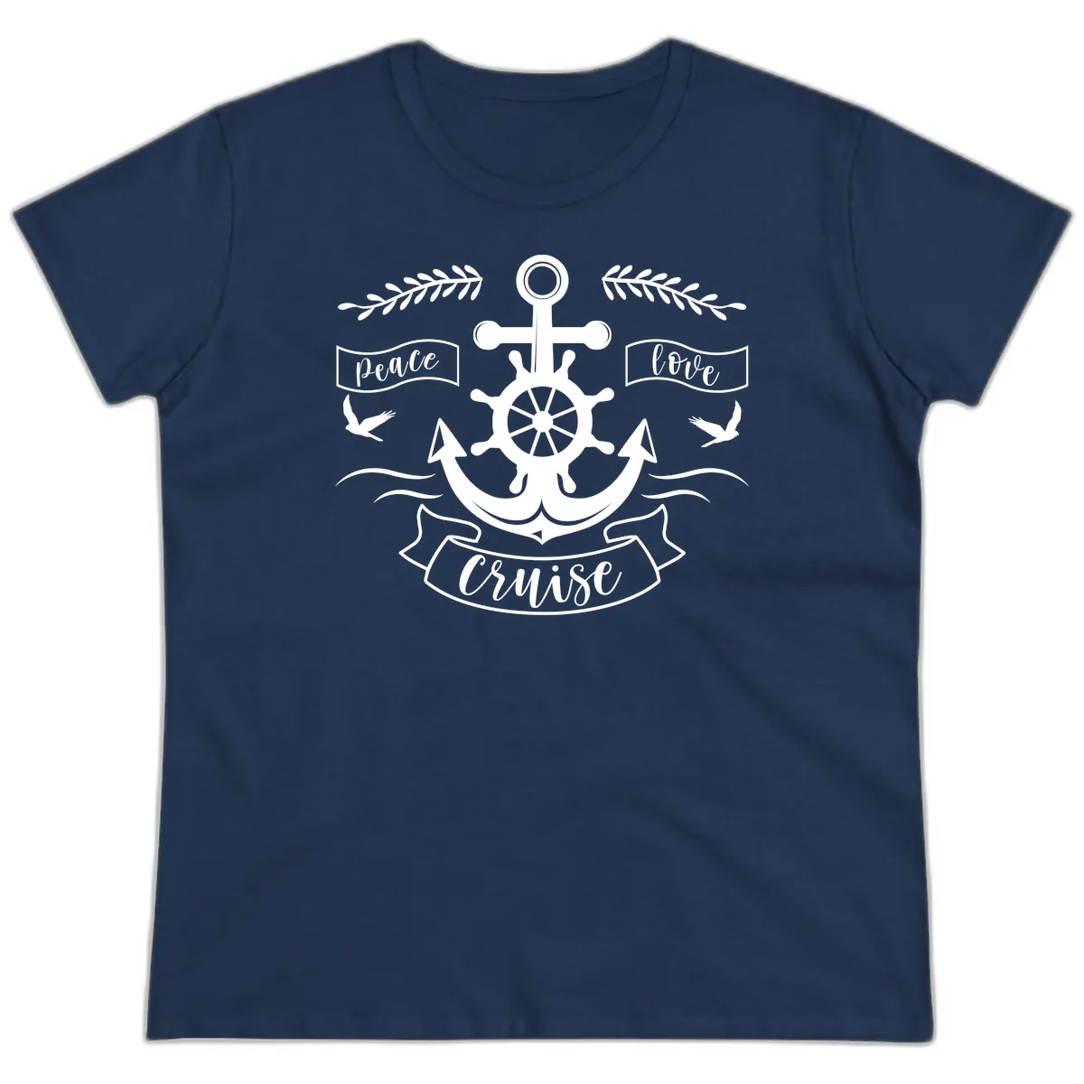 Peace Love Cruise Anchor Ladies Tee in Navy