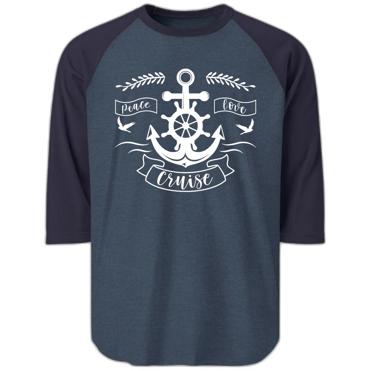 Peace Love Cruise Anchor Raglan 3/4 in Heather Denim Navy