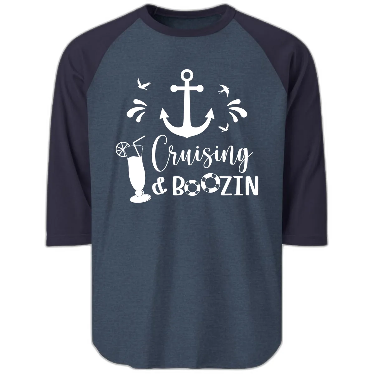 Cruising & Boozing Nautical Raglan 3/4 in Heather Denim Navy