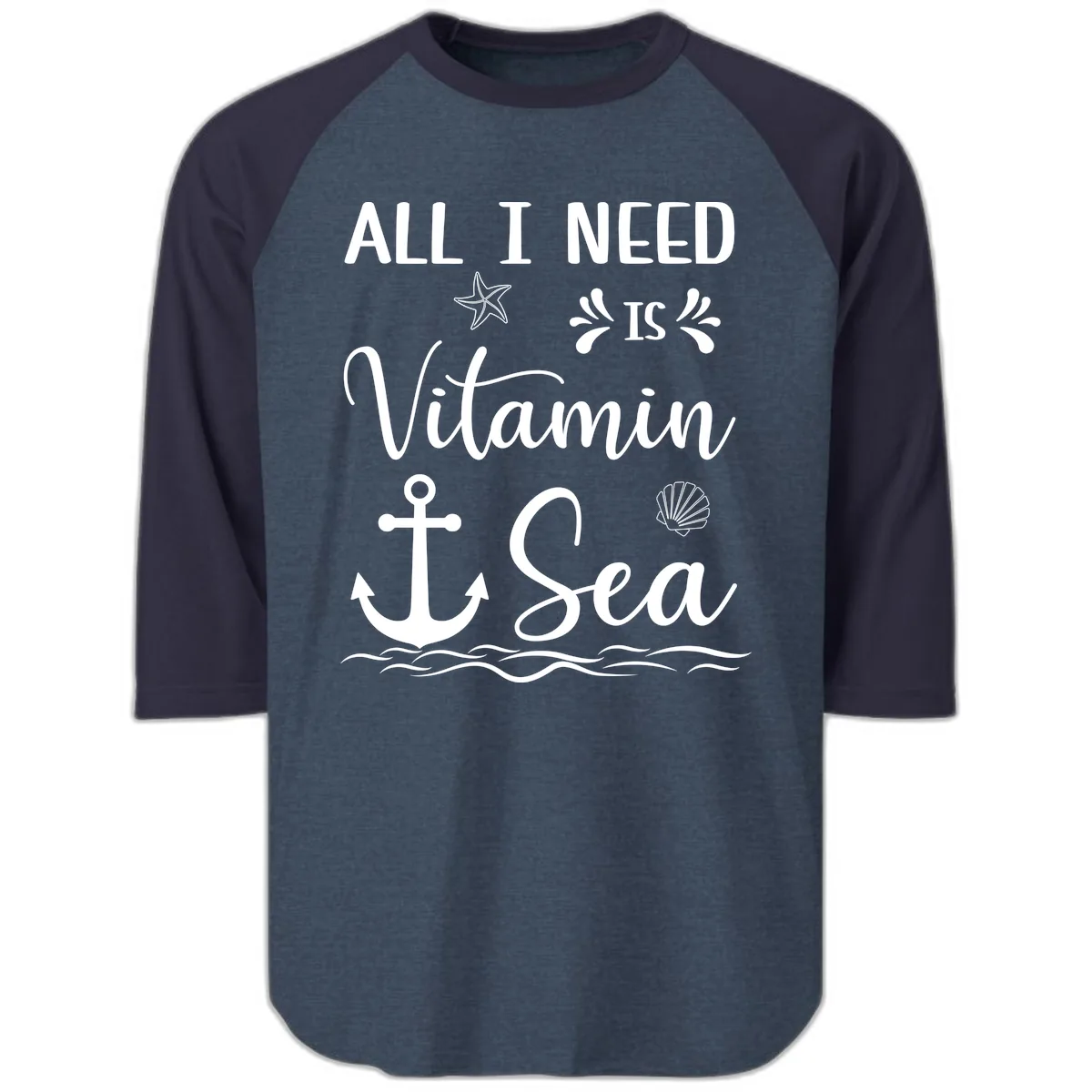 All I Need Is Vitamin Sea Raglan 3/4 in Heather Denim Navy
