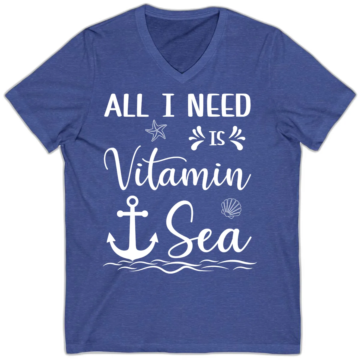 All I Need Is Vitamin Sea V-Neck in Heather True Royal