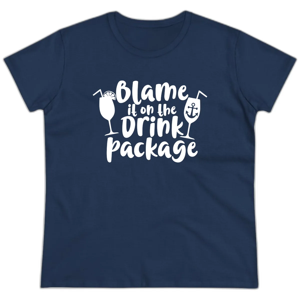 Blame It On The Drink Package Ladies Tee in Navy