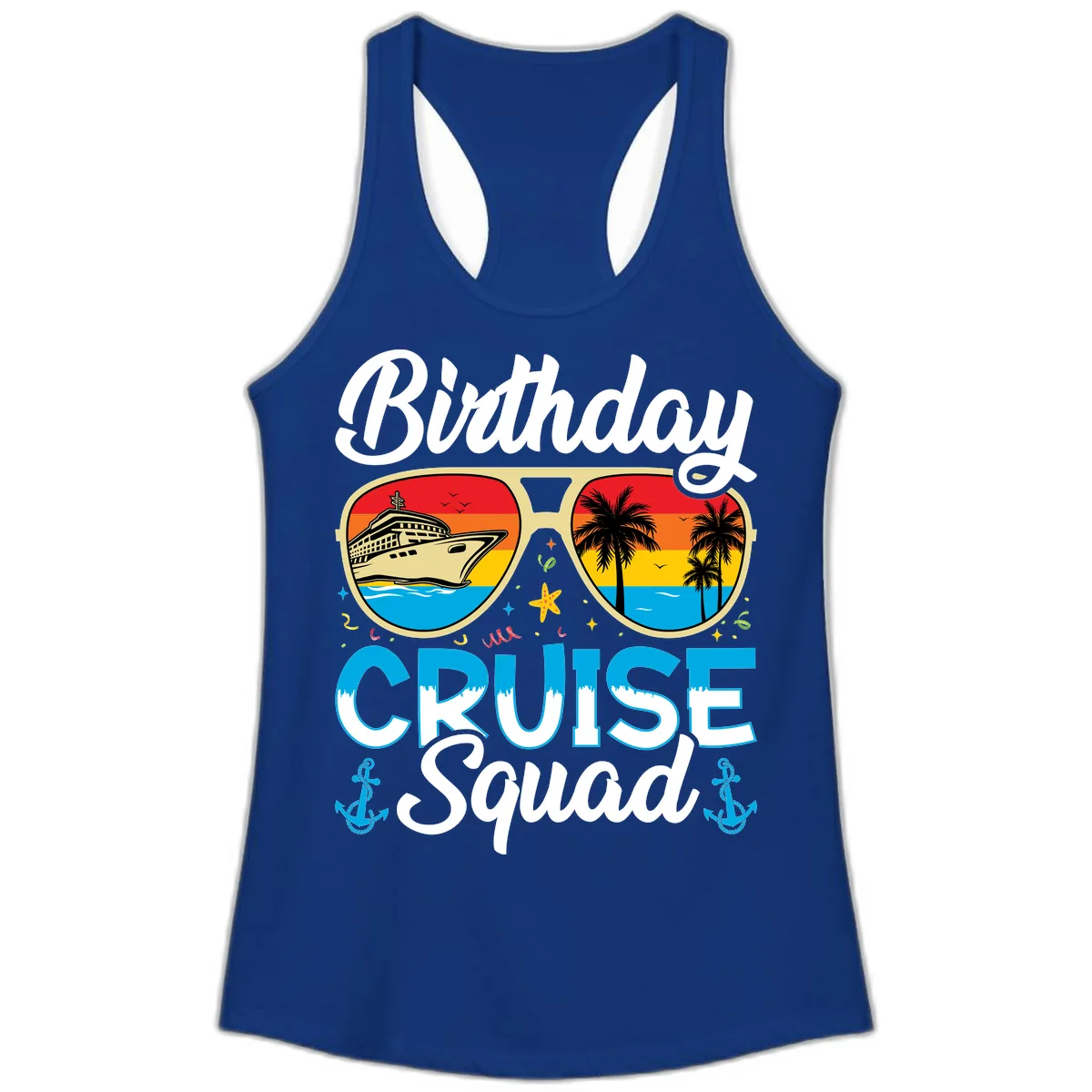 Birthday Cruise Squad Sunglasses Ladies Tank in Solid Royal