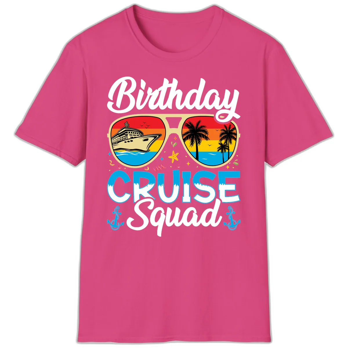 Birthday Cruise Squad Sunglasses T-Shirt in Heliconia