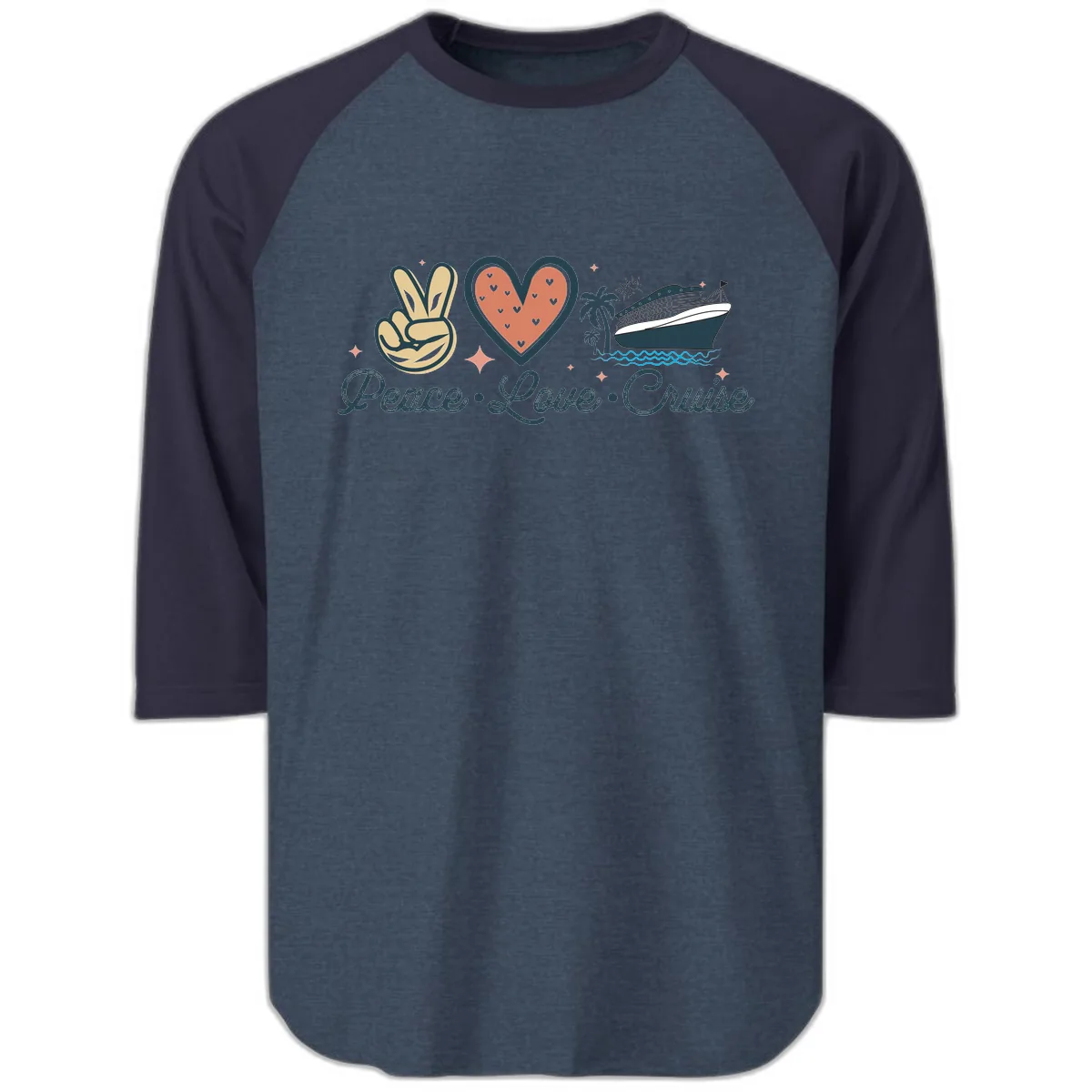 Peace Love Cruise Raglan 3/4 in Heather Denim Navy