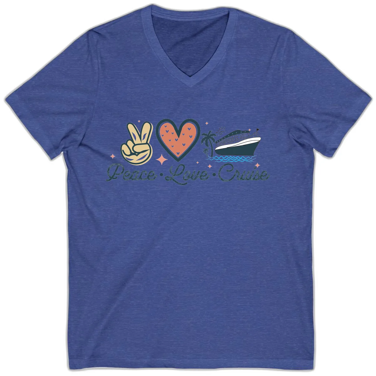 Peace Love Cruise V-Neck in Heather True Royal
