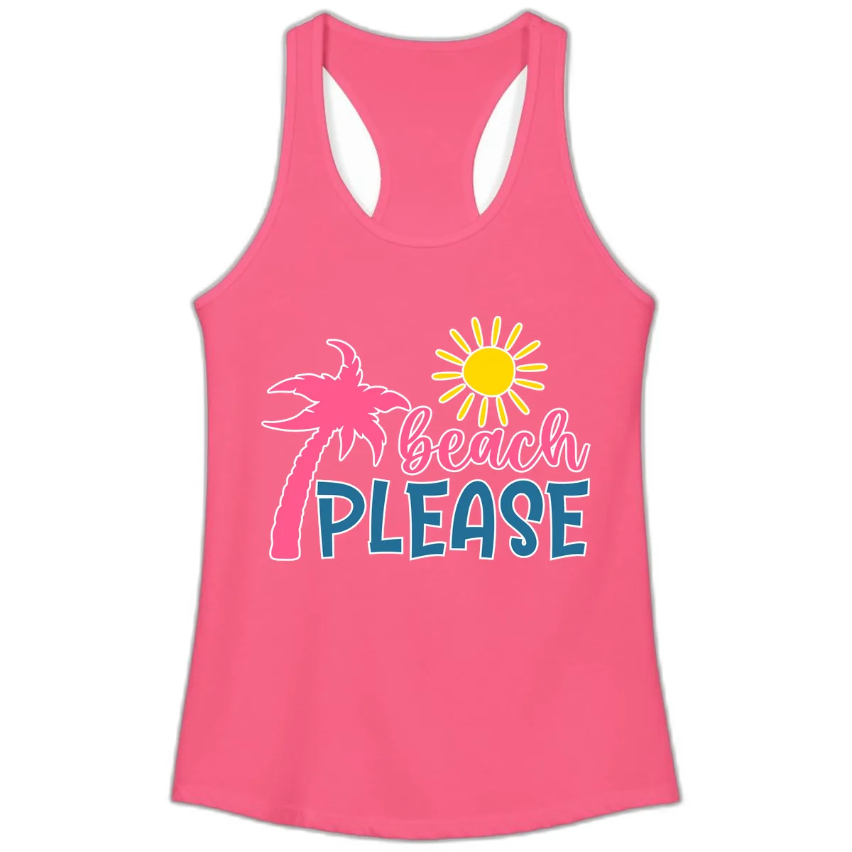 Beach Please Palm Sun Ladies Tank in Solid Hot Pink