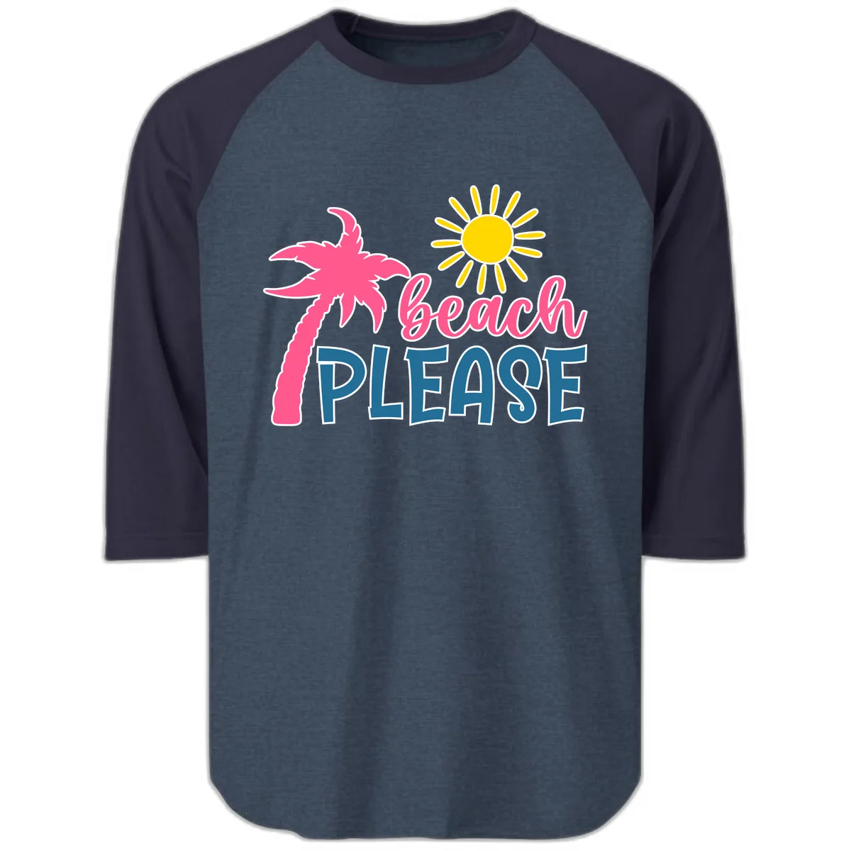 Beach Please Palm Sun Raglan 3/4 in Heather Denim Navy