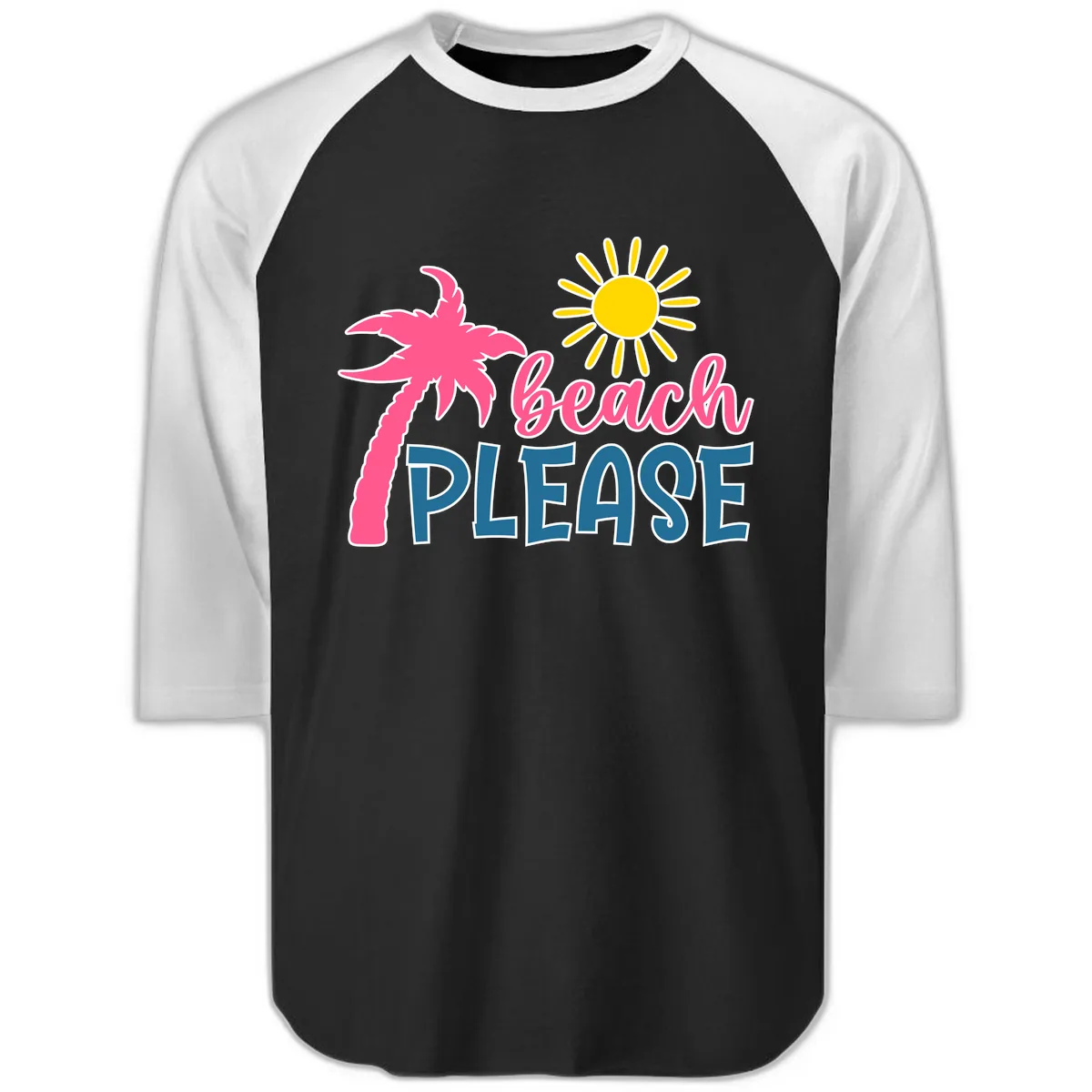 Beach Please Palm Sun Raglan 3/4 in Black White