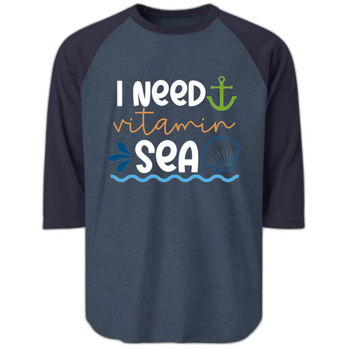I Need Vitamin Sea Raglan 3/4 in Heather Denim Navy
