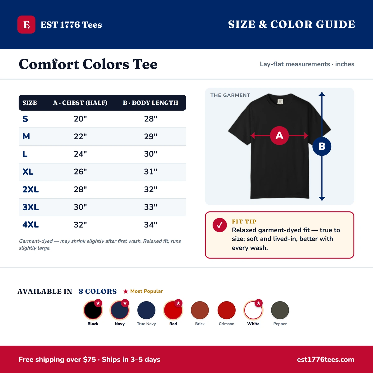 Comfort Color size & color guide