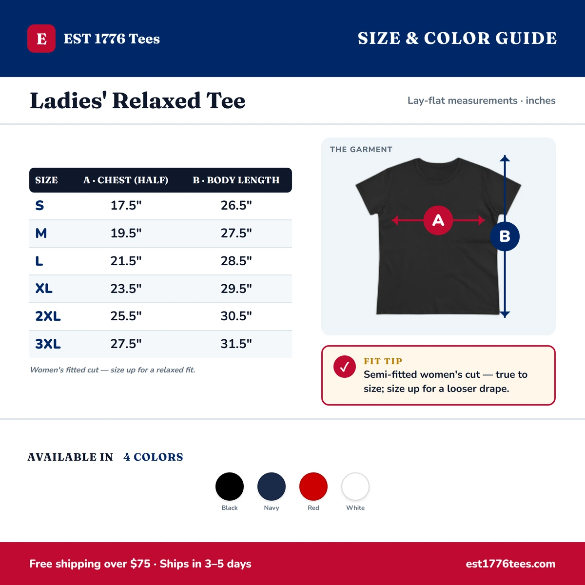 Ladies Tee size & color guide