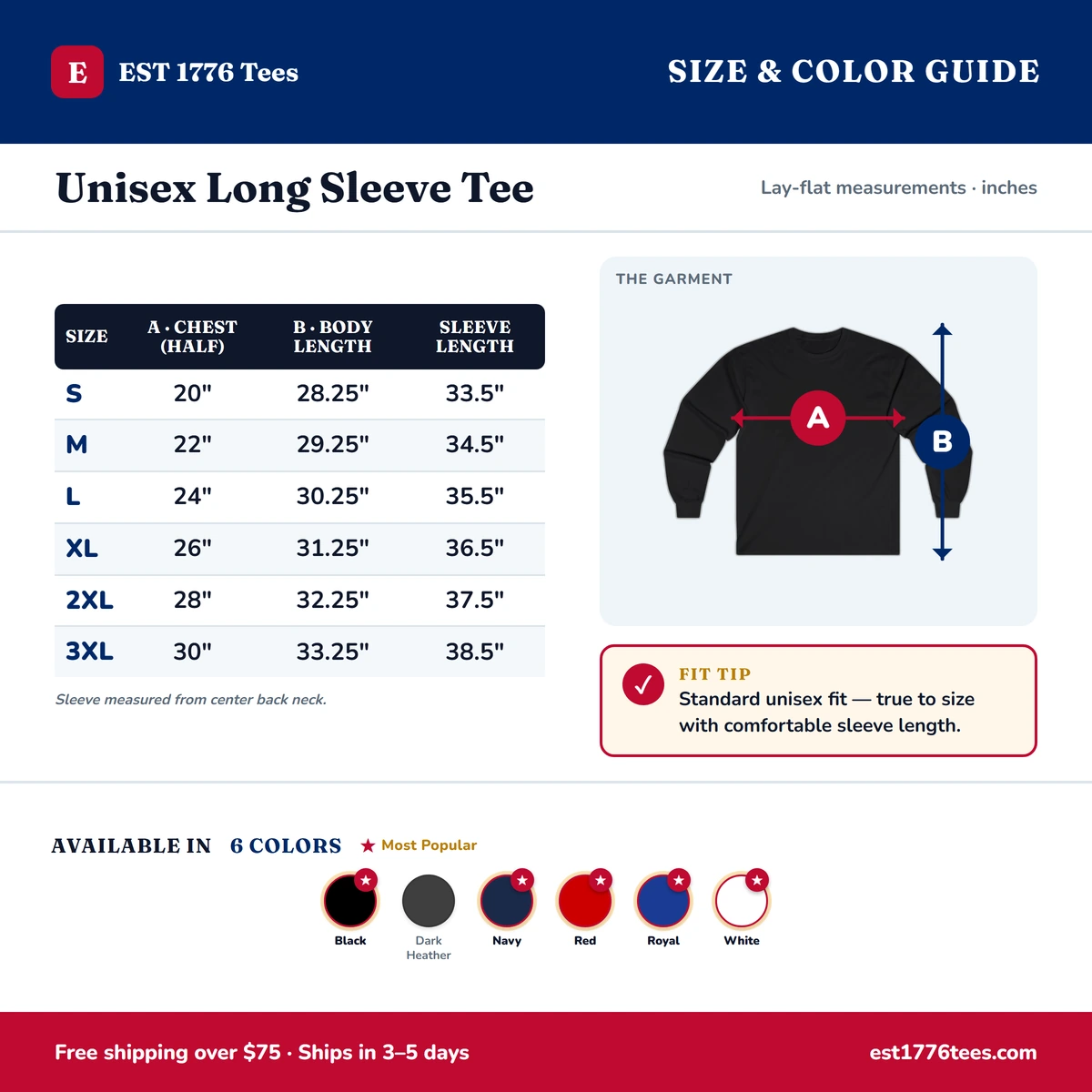 Long Sleeve size & color guide