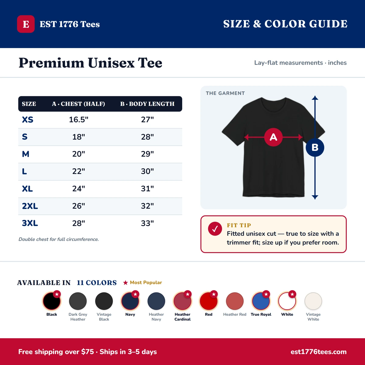 Premium T-Shirt size & color guide