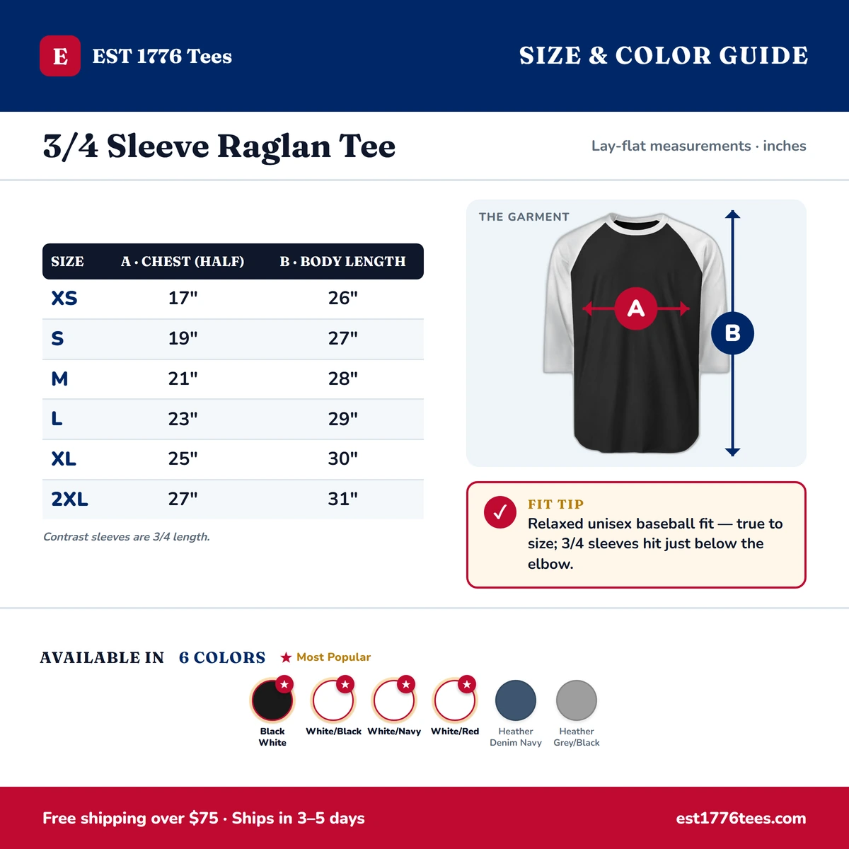 Raglan 3/4 size & color guide