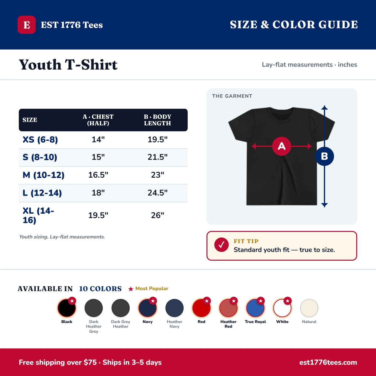 Youth T-Shirt size & color guide